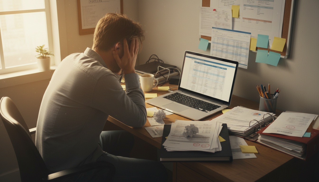 Small business owner at desk with spreadsheets