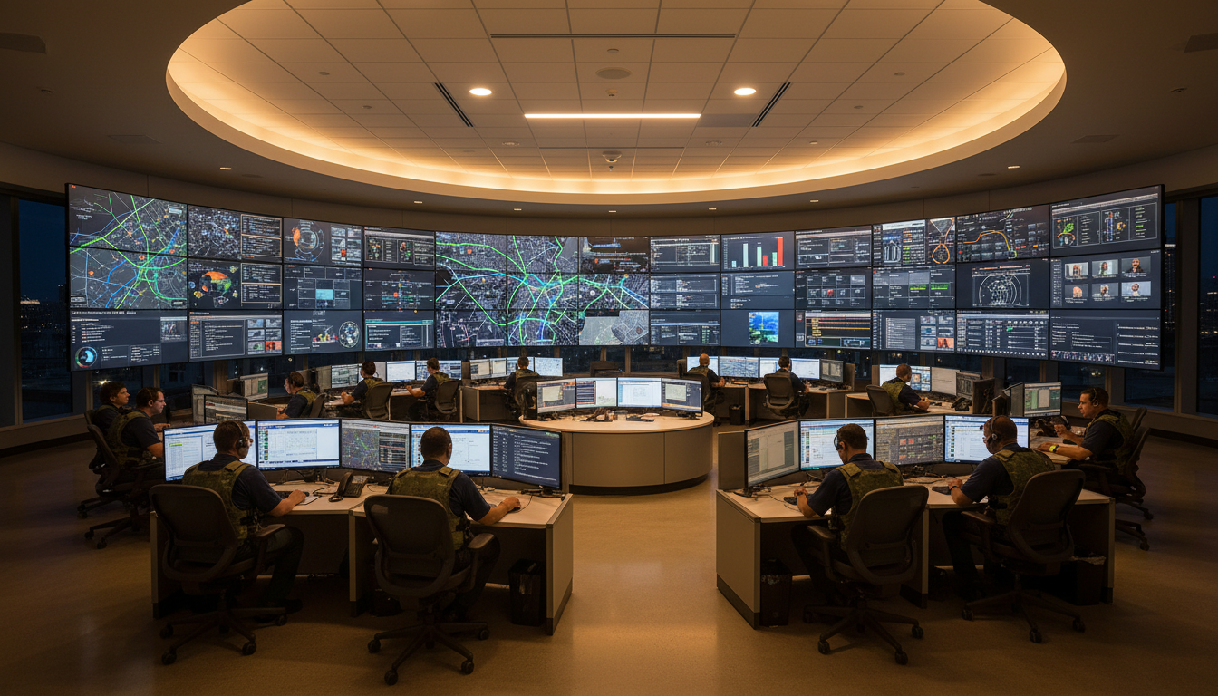 Emergency operations center with modern displays