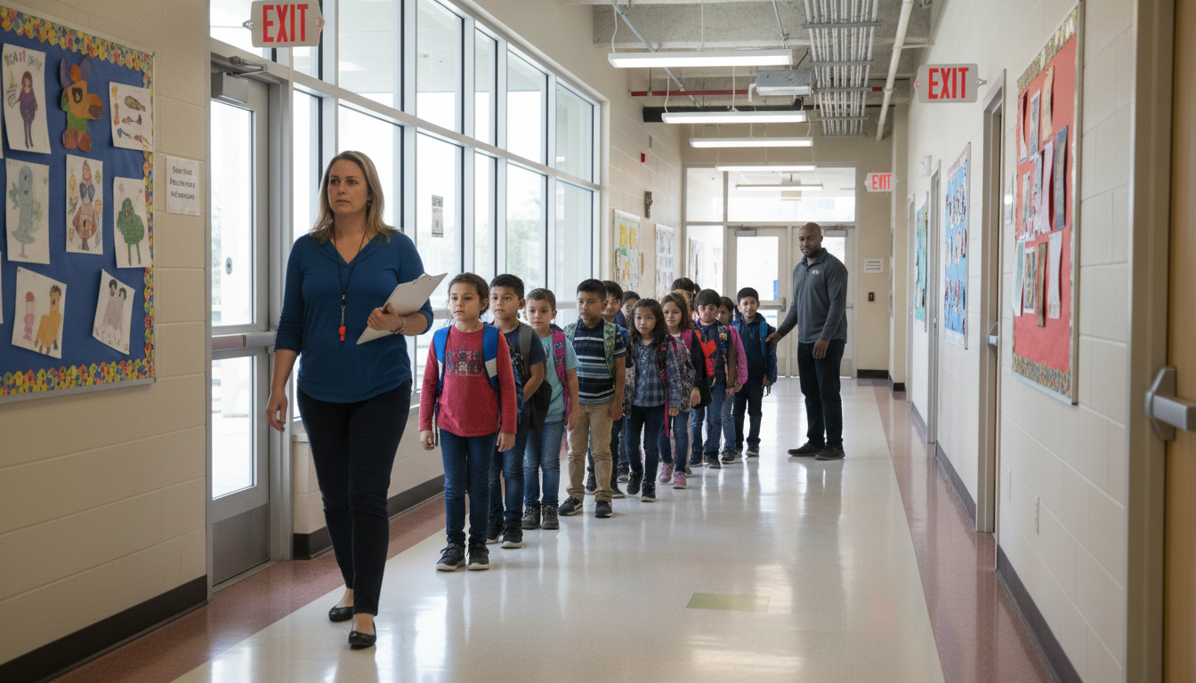 School hallway during an orderly emergency drill